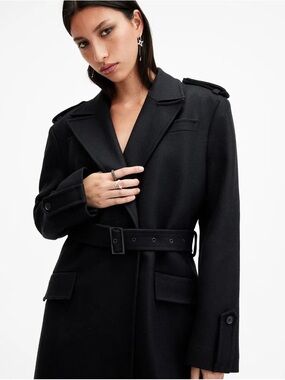 AllSaints Black Wool Belted Trench Coat with Epaulettes